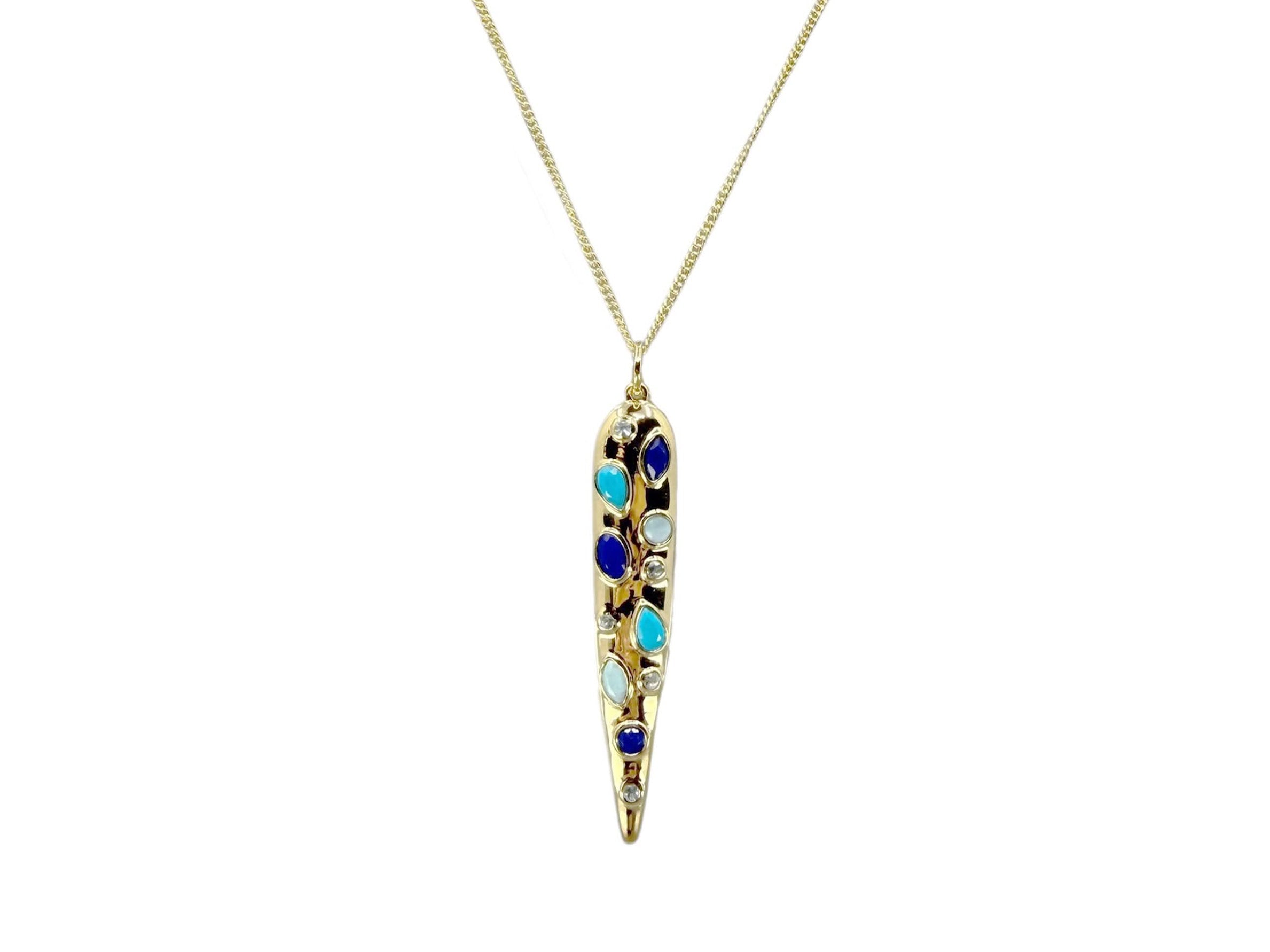 Gold Necklace with Lapis, Larimar, and White Topaz Charm
