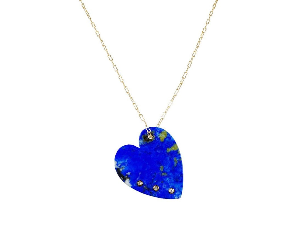 14k Lapis Heart Necklace with 3 Bezel Set Diamonds