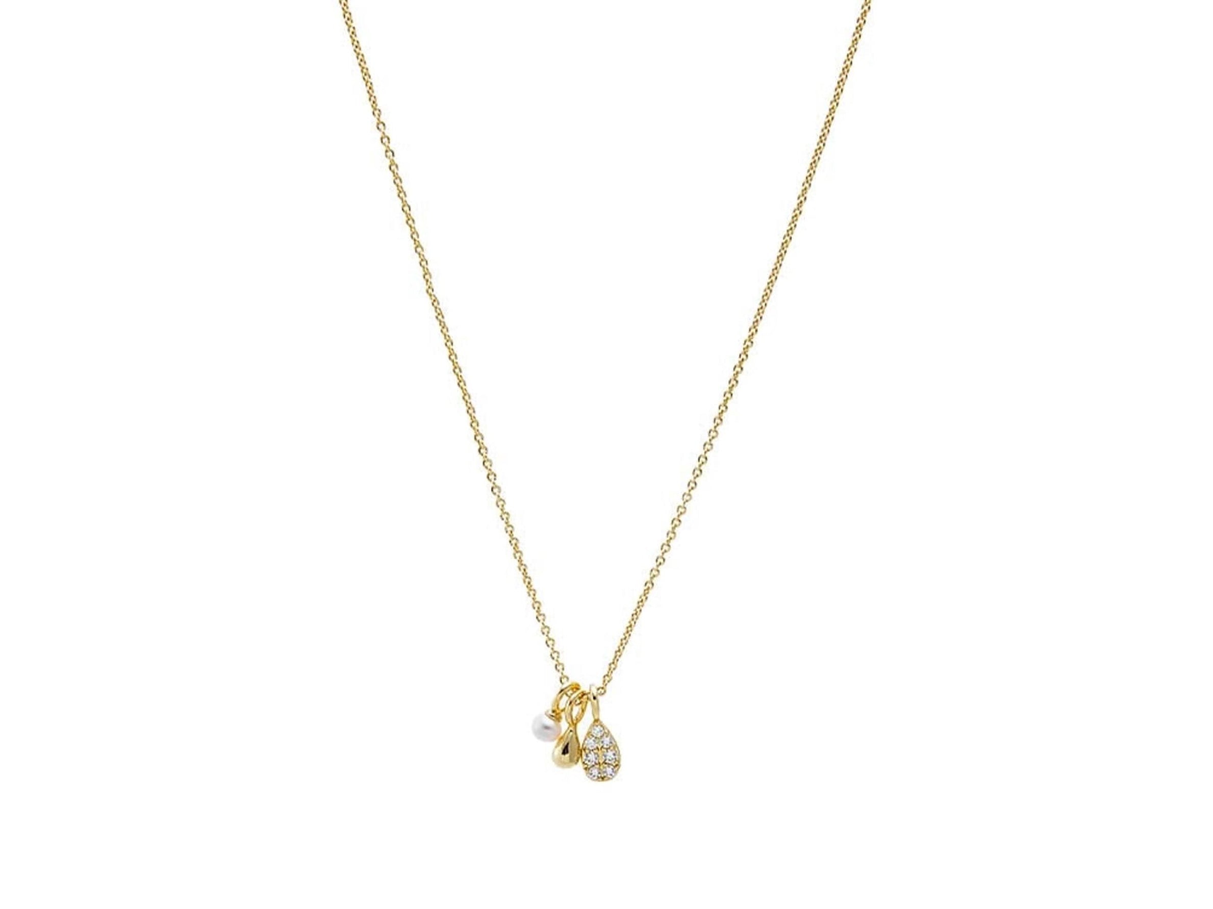 Gold Three Charm Necklace with CZs and Pearl