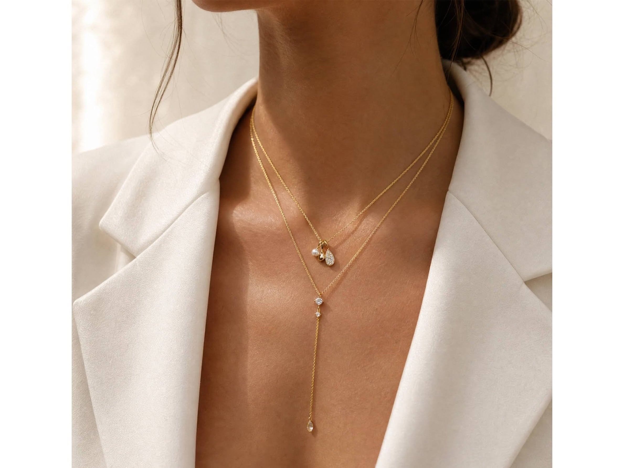 Gold Three Charm Necklace with CZs and Pearl