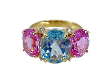 Load image into Gallery viewer, Three-Stone Blue Topaz and Pink Sapphire Ring with White Topaz
