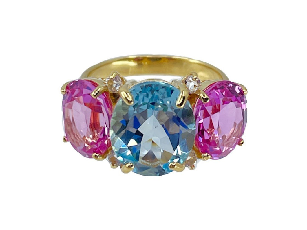 Three-Stone Blue Topaz and Pink Sapphire Ring with White Topaz