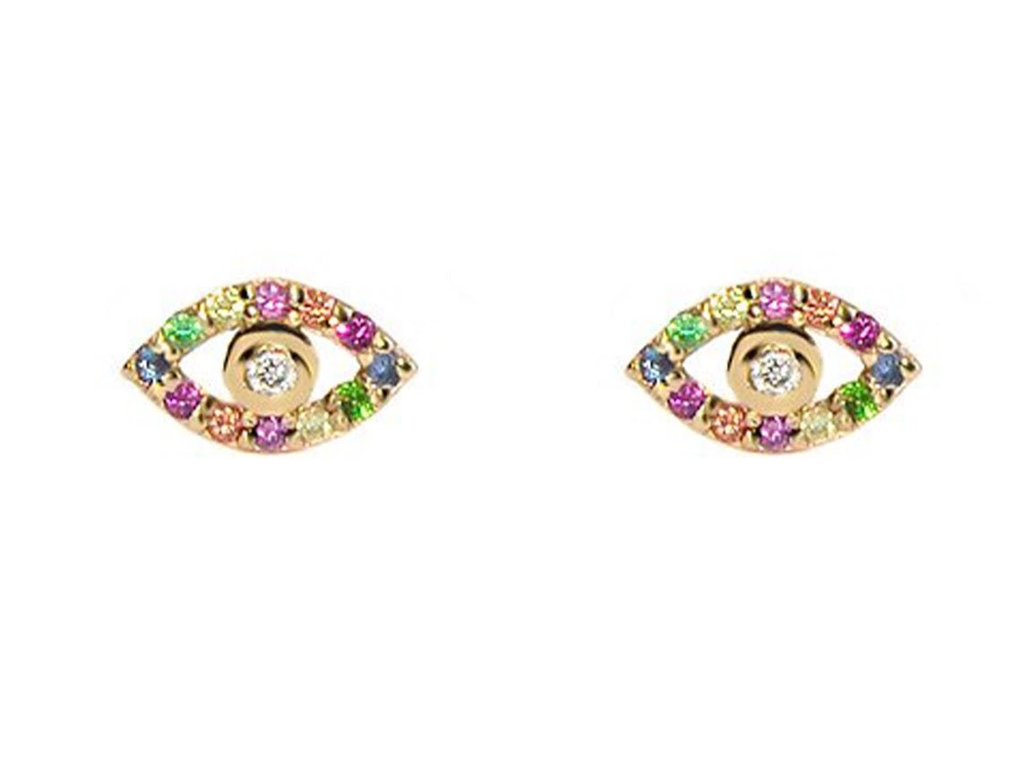 14k Evil Eye Studs with Multicolor Diamonds