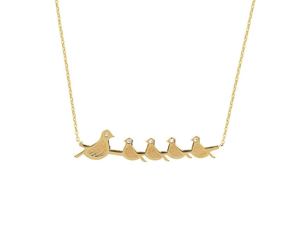 Gold Mama and 4 Baby Birds Necklace