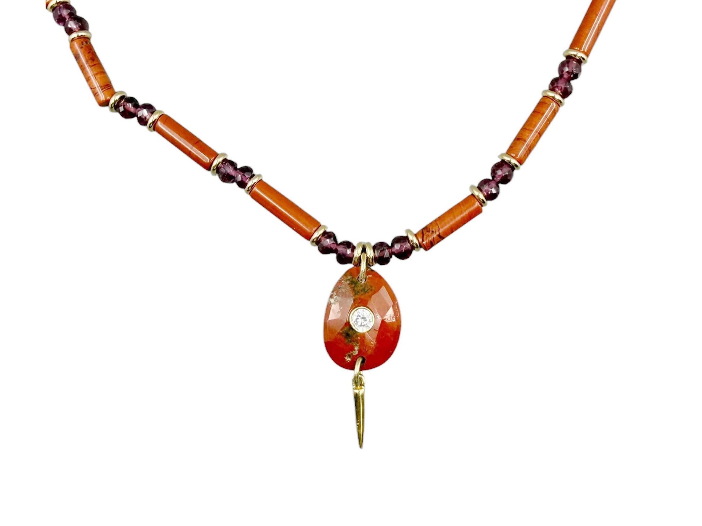 Hand-Beaded Necklace with Red Jasper and Garnet with Red Jasper Charm