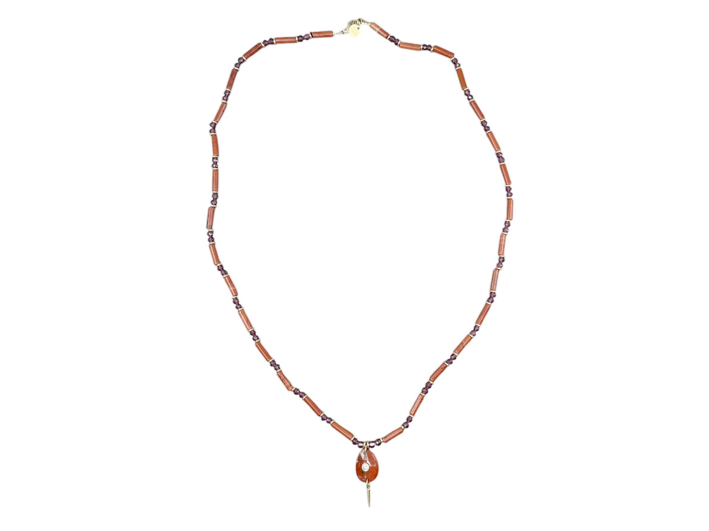 Hand-Beaded Necklace with Red Jasper and Garnet with Red Jasper Charm