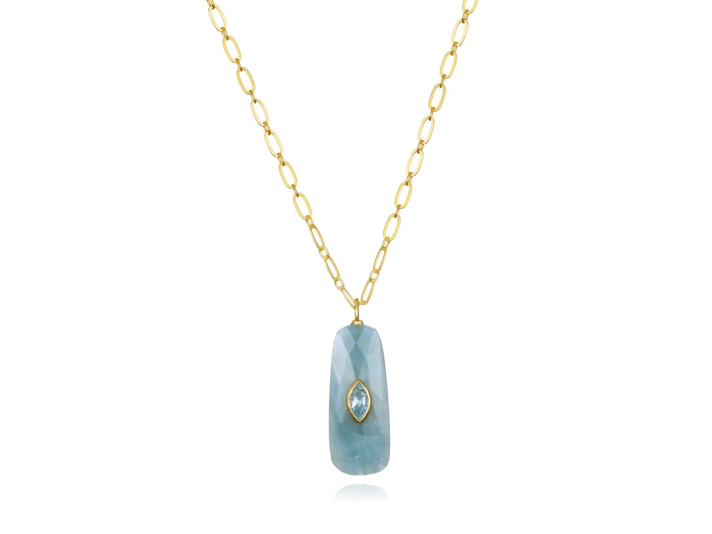 Long Aquamarine and Topaz Charm Necklace