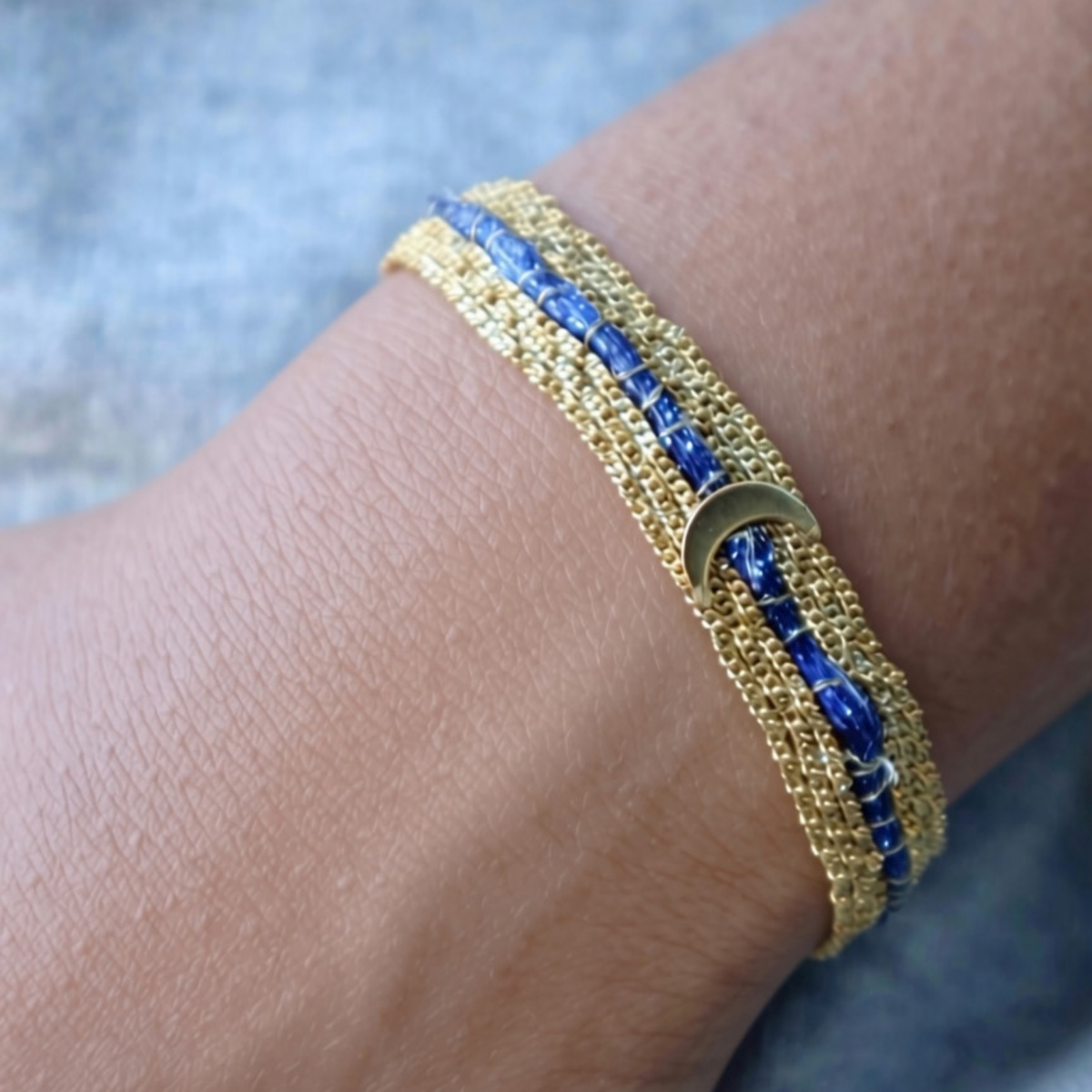 Blue Striped Chain Bracelet with Moon Charm