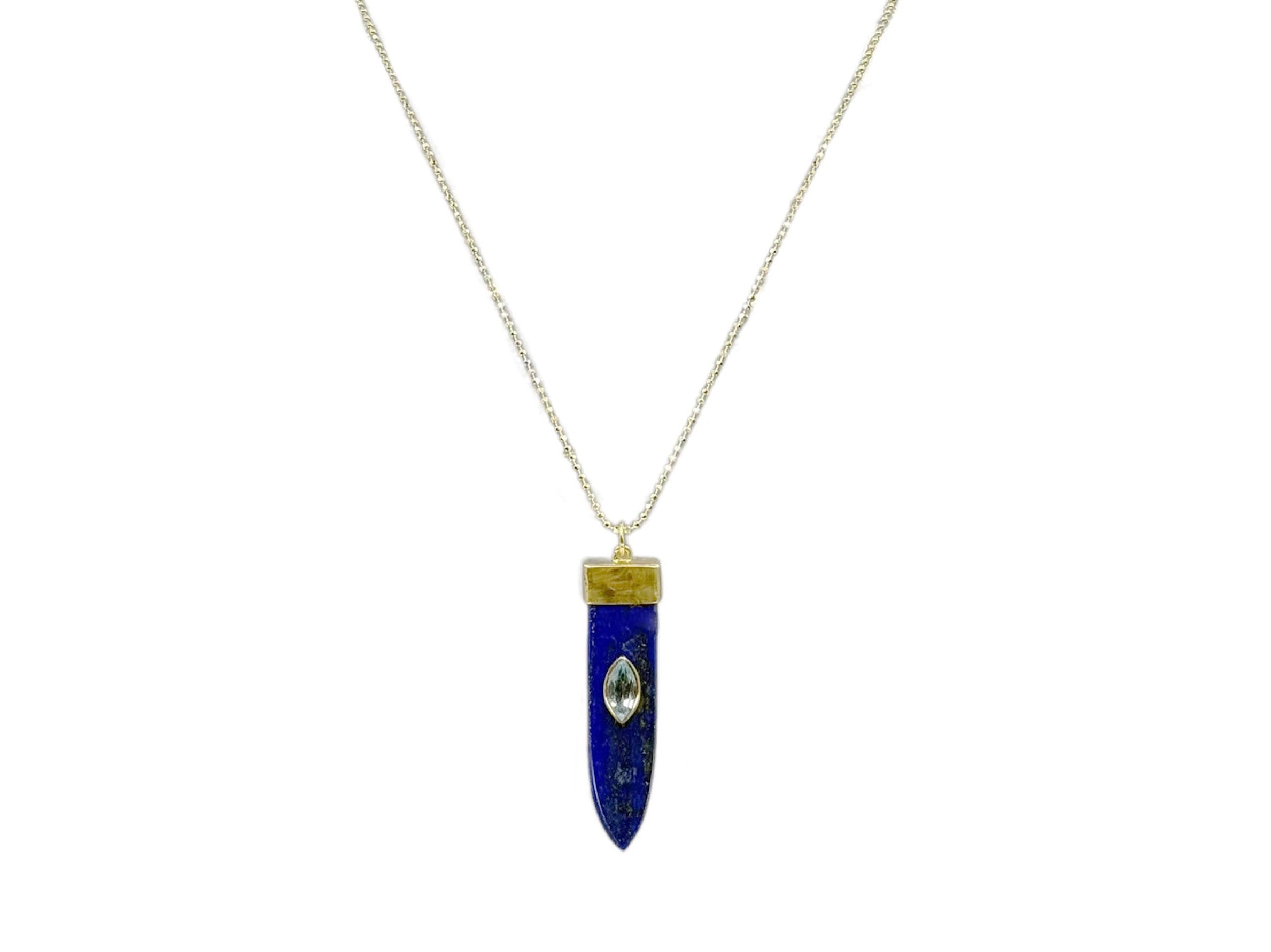 Gold Necklace with Lapis and Blue Topaz Spike Charm