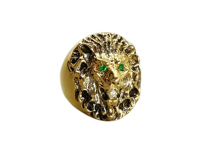 14k Mid-Century Lion Ring with Emeralds and Diamond