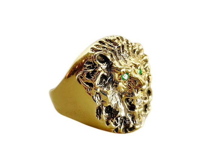 14k Mid-Century Lion Ring with Emeralds and Diamond