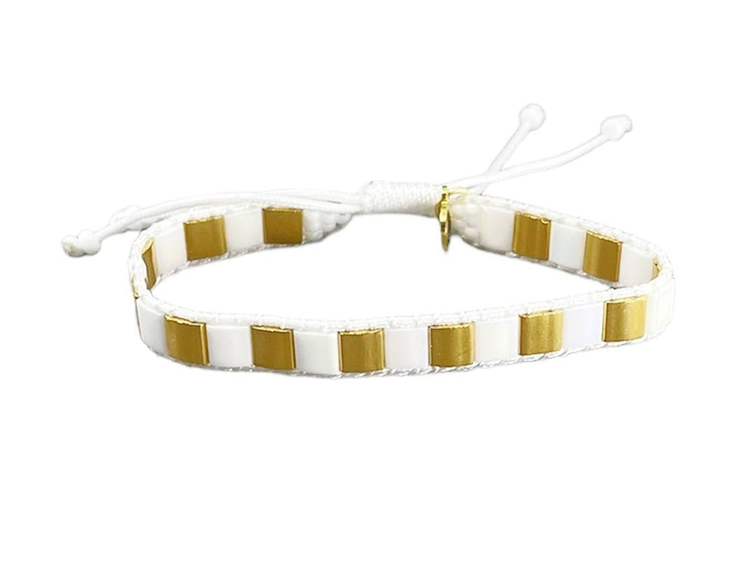 Gold and White Beaded Squares Bracelet