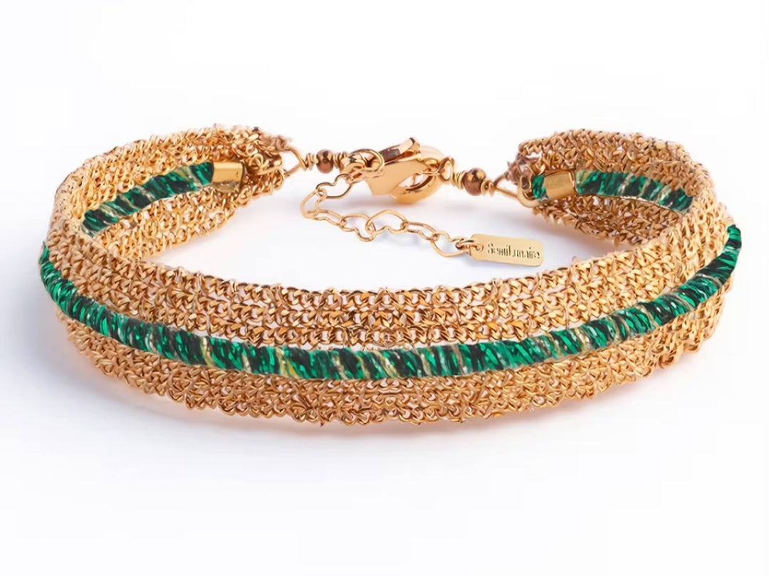 Woven Chain Bracelet with Emerald Thread Stripe