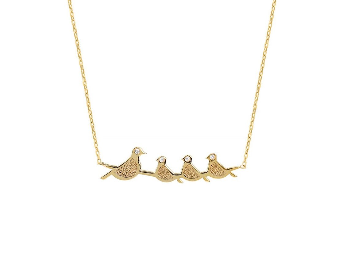 Gold Mama and 3 Baby Birds Necklace