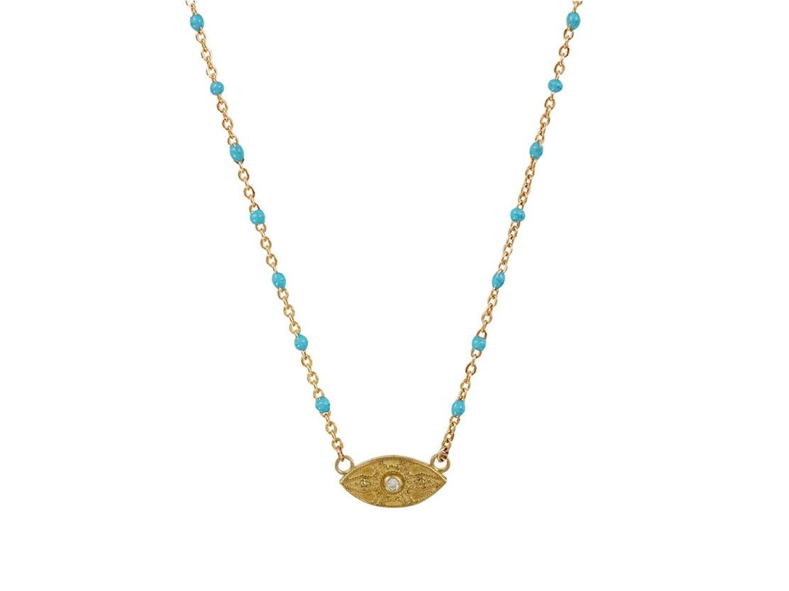 Turquoise and Yellow Bronze Evil Eye Necklace with Diamond