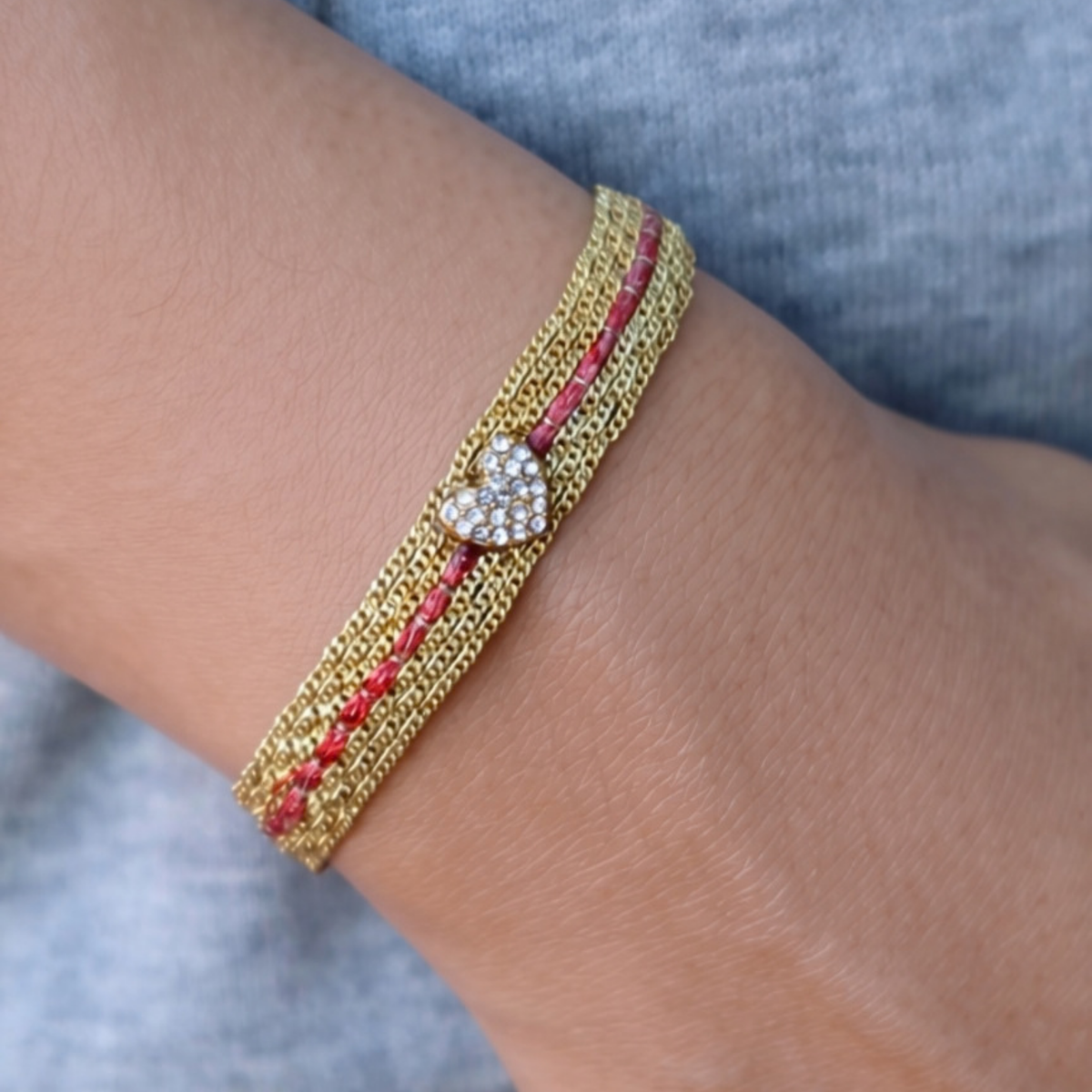 Red Striped Chain Bracelet with Heart Charm