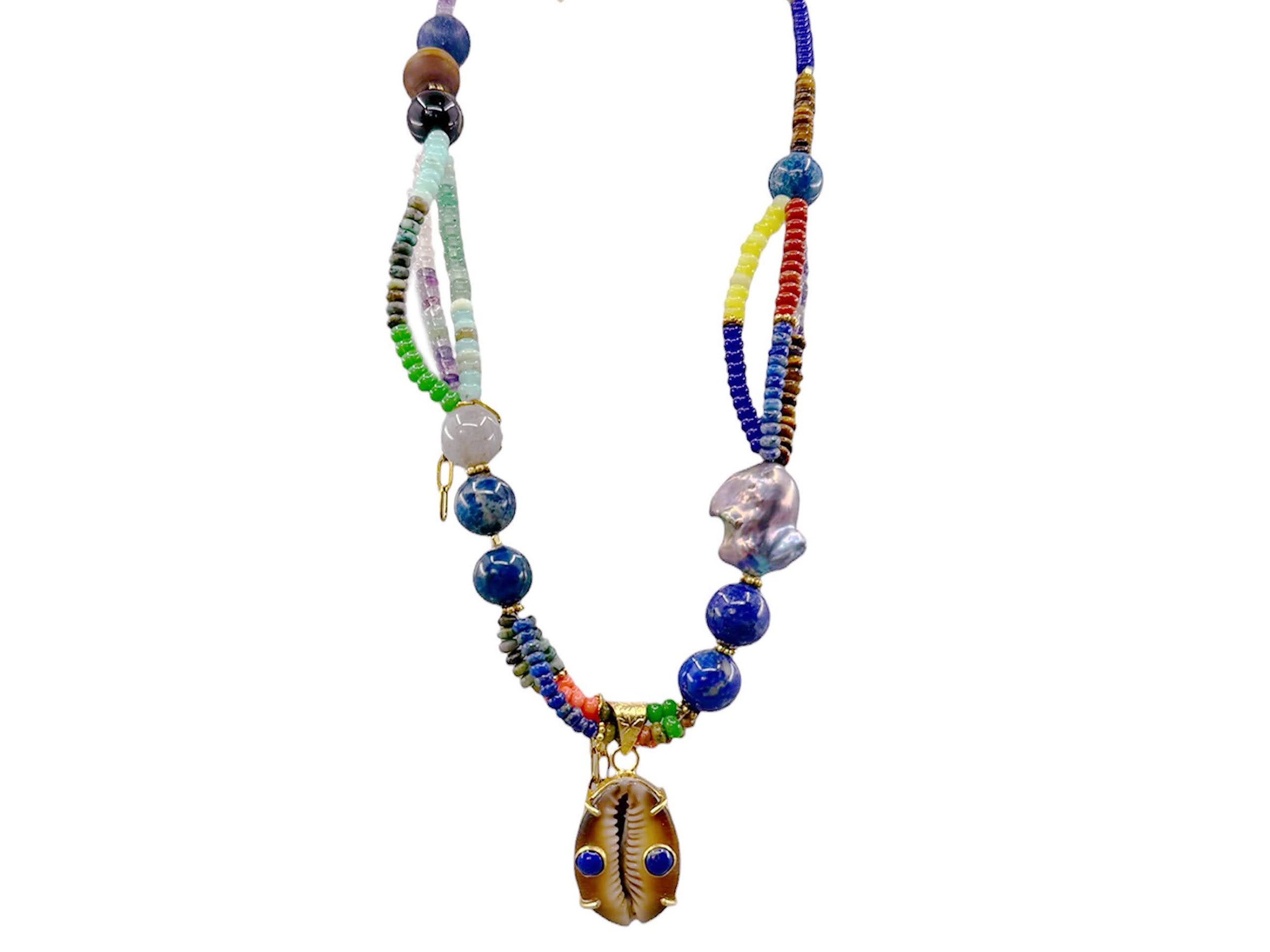 Gemstone and Pearl Necklace with Cowrie Shell Charm