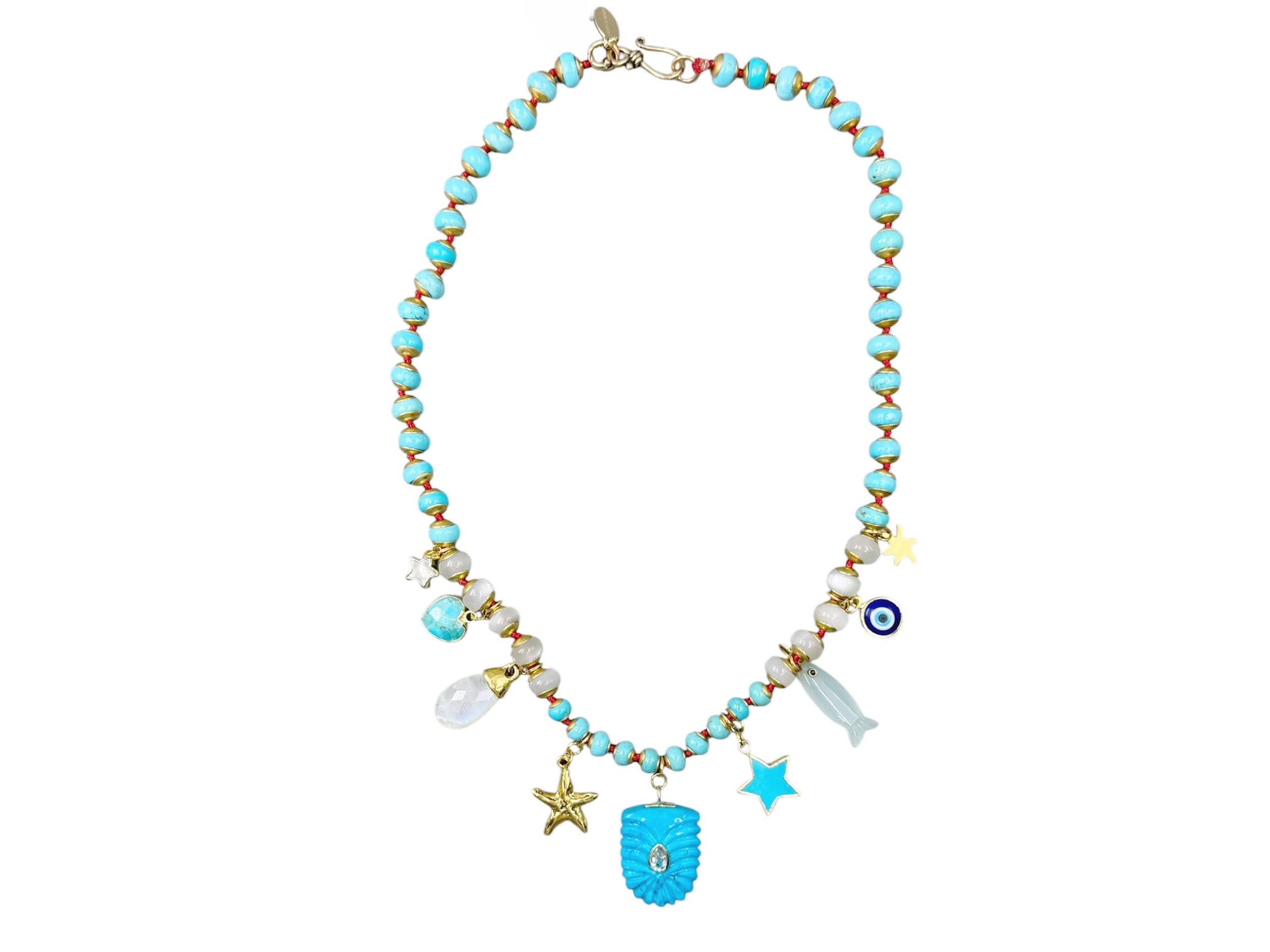 One of a Kind Turquoise and Moonstone Necklace with Charms