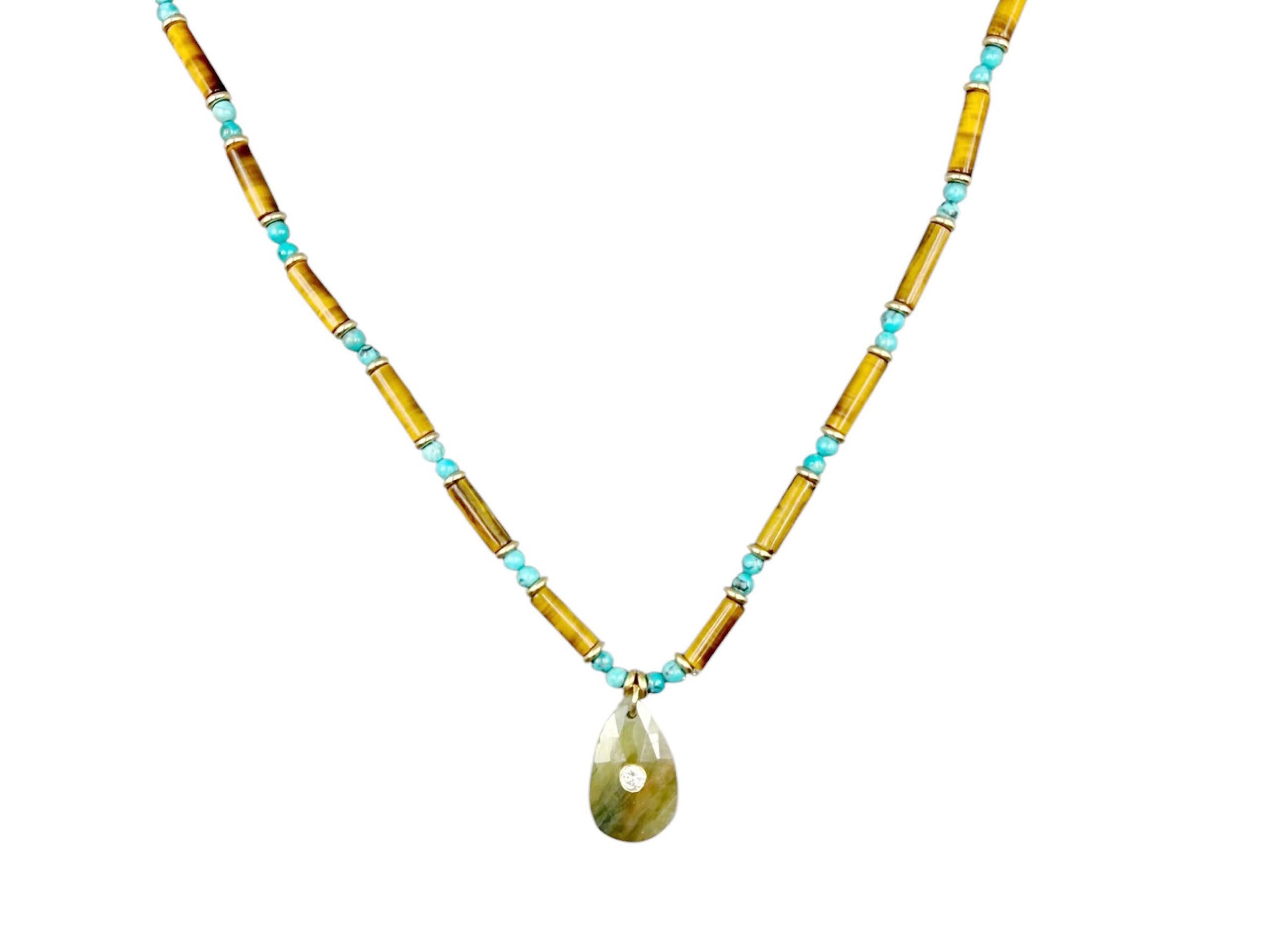 Hand-Beaded Necklace of Tiger Eye and Turquoise with Sapphire Charm