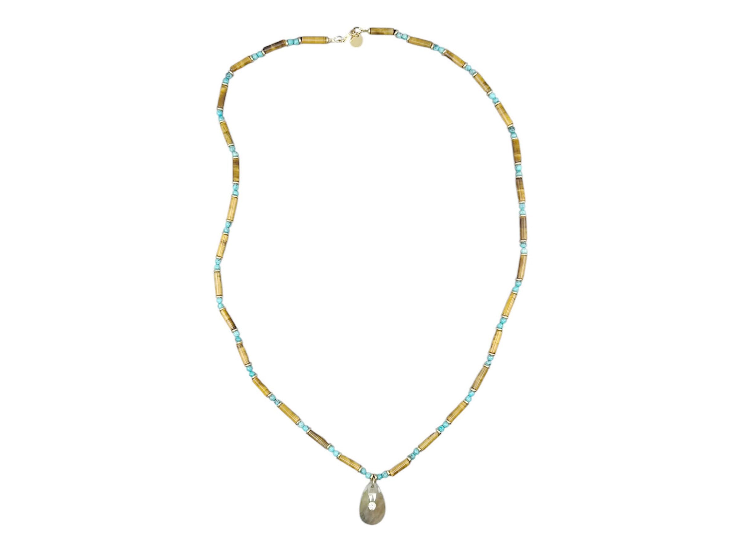Hand-Beaded Necklace of Tiger Eye and Turquoise with Sapphire Charm