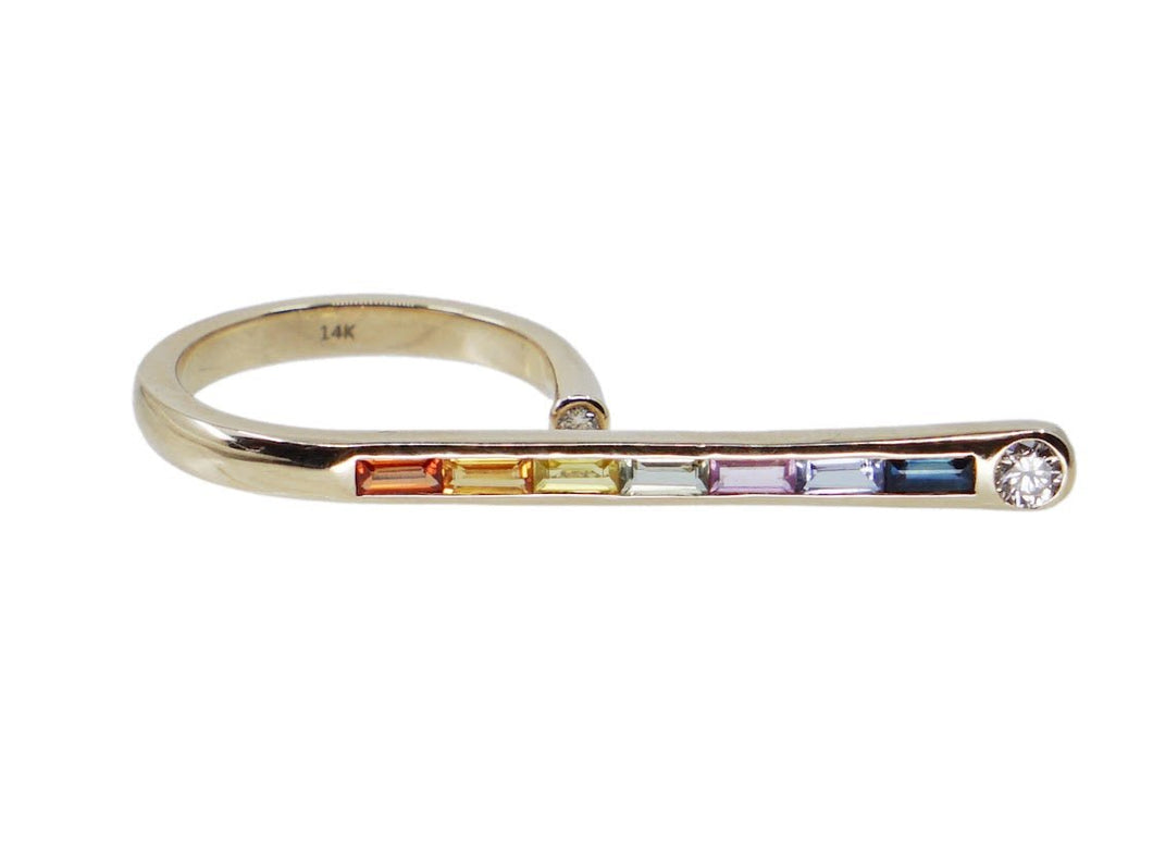 14k Gold, Diamond, and Multicolor Sapphire Baguette Bar Ring