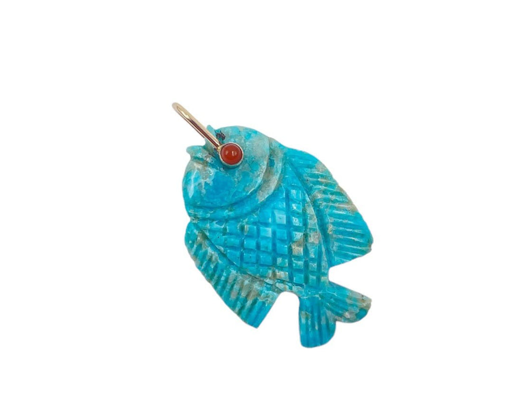 14k Handcrafted Turquoise Fish Charm with  Carnelian Eye and Fins