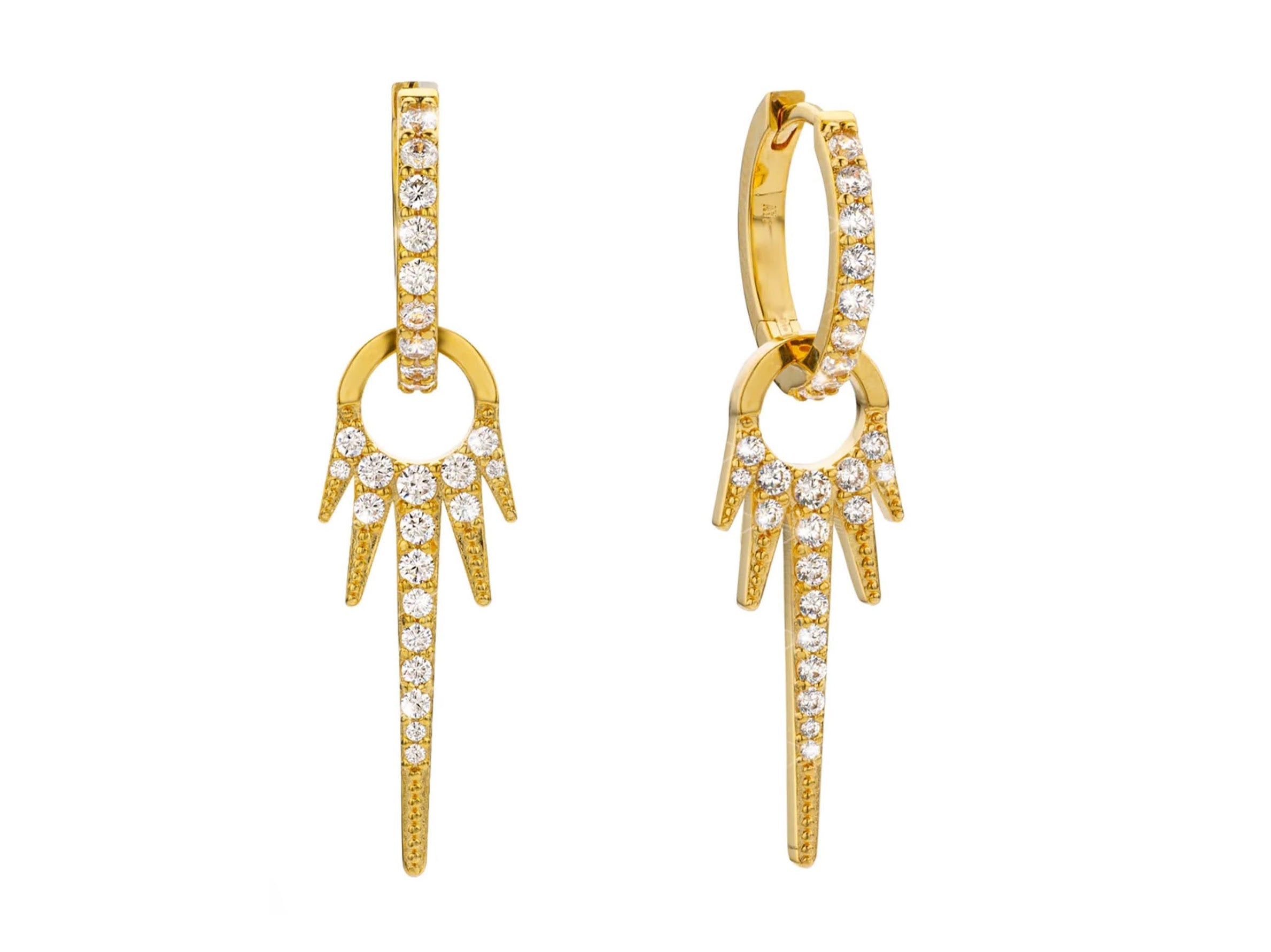 Gold CZ Huggie Hoops with CZ Pointed Charm Drops
