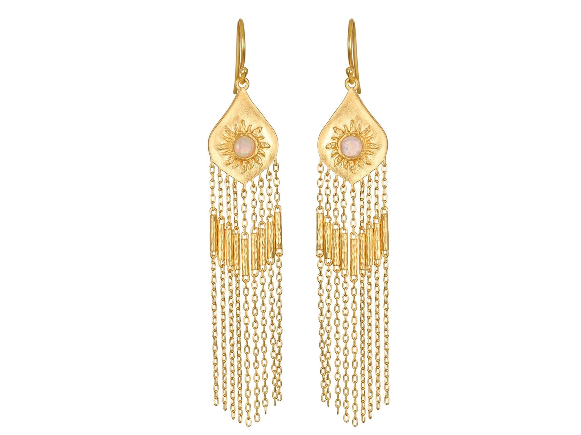 Gold Sun and Chain Earrings with Opals