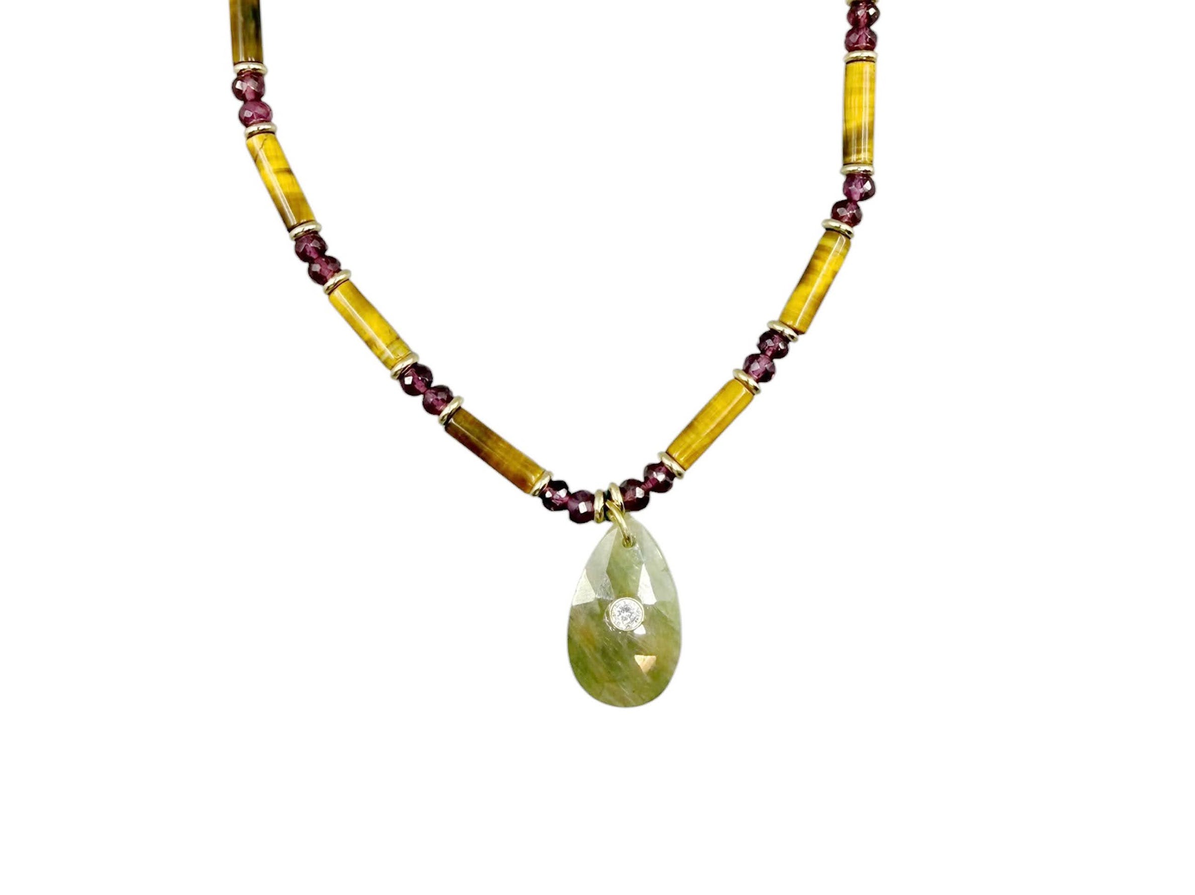 Hand-Beaded Necklace of Tiger Eye and Garnet with Sapphire Charm