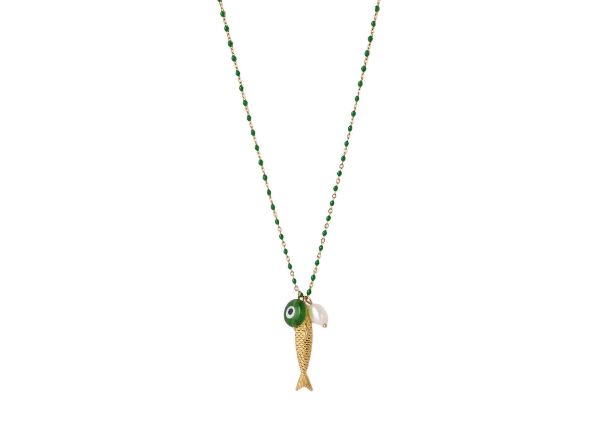 Gold Fish and Green Evil Eye Charm Necklace