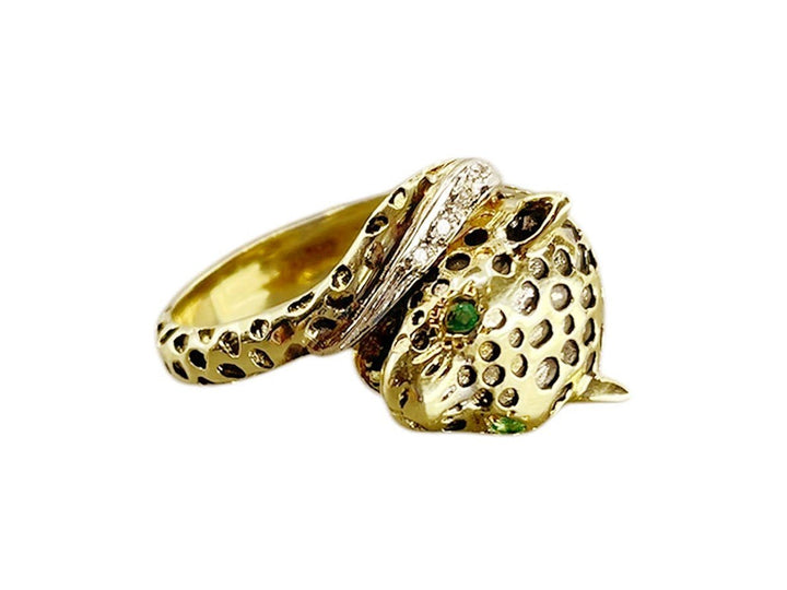 14k 1950s Panther Ring with Emeralds, Diamonds, and Enameled Details