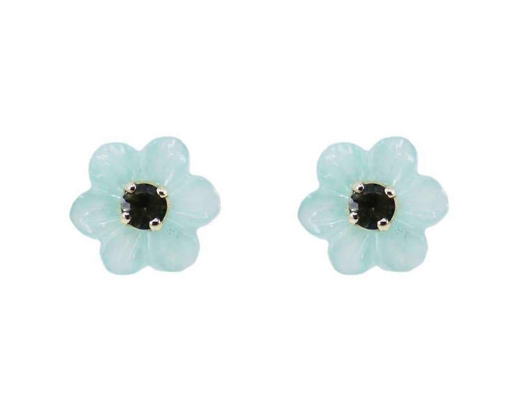 Amazonite and Tourmaline Carved Flower Earrings