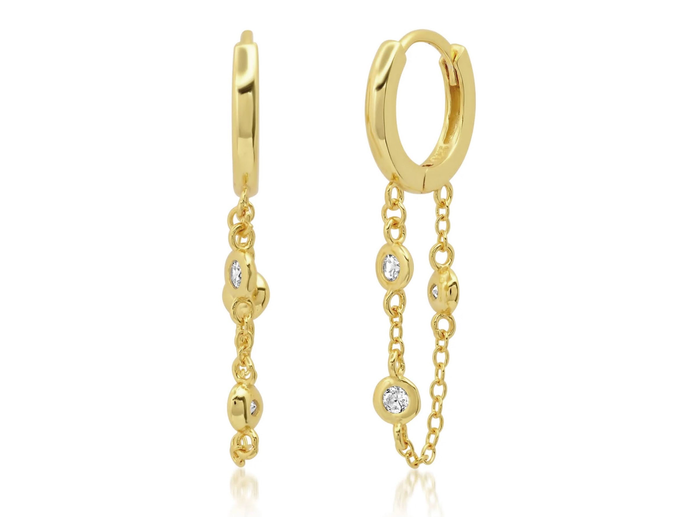 Gold Chain Drop Huggies with CZs