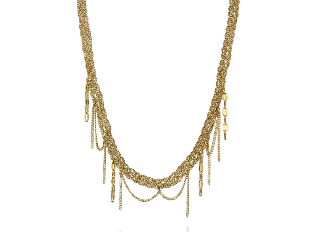 Gold Woven Chain Necklace with Various Chain Drops