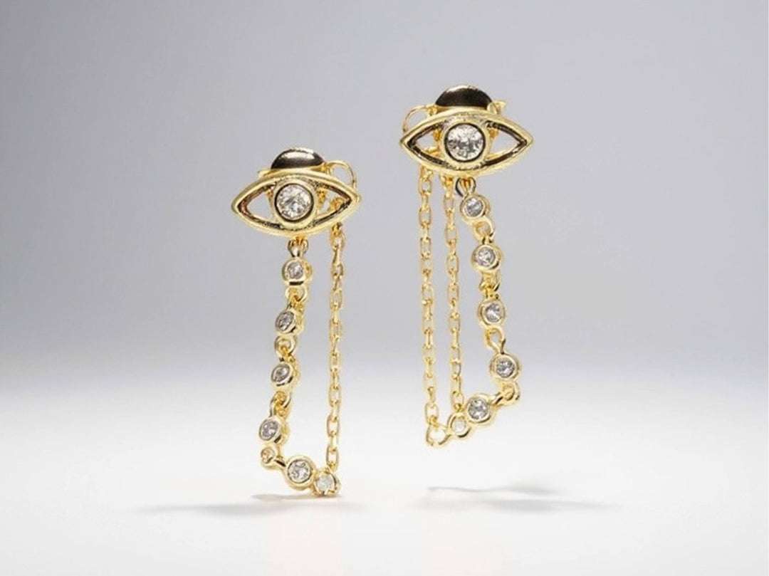 Gold Evil Eye Stud Earrings with CZ Chains