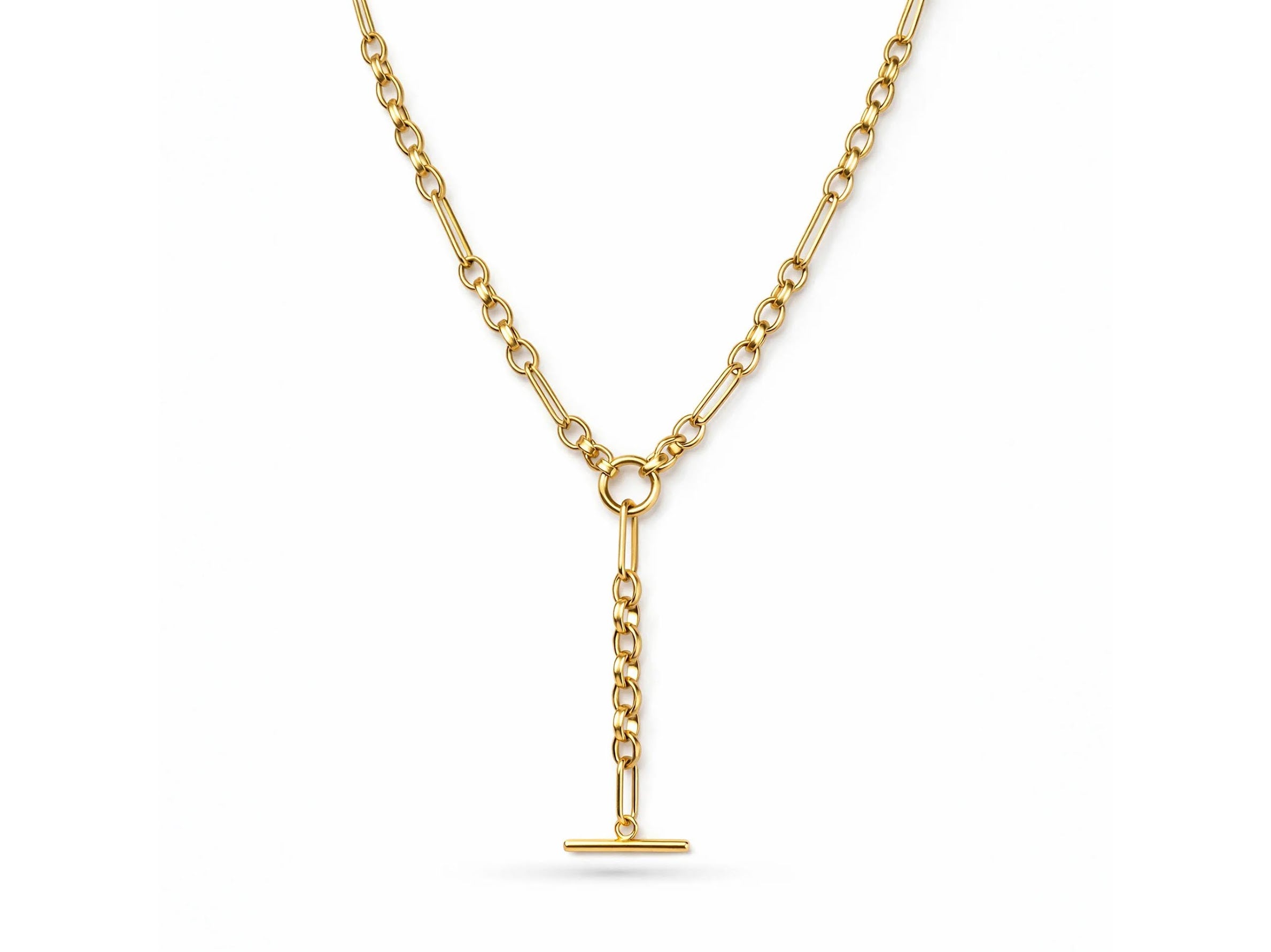 Gold Mixed Paperclip Link Lariat Charm Holder Necklace