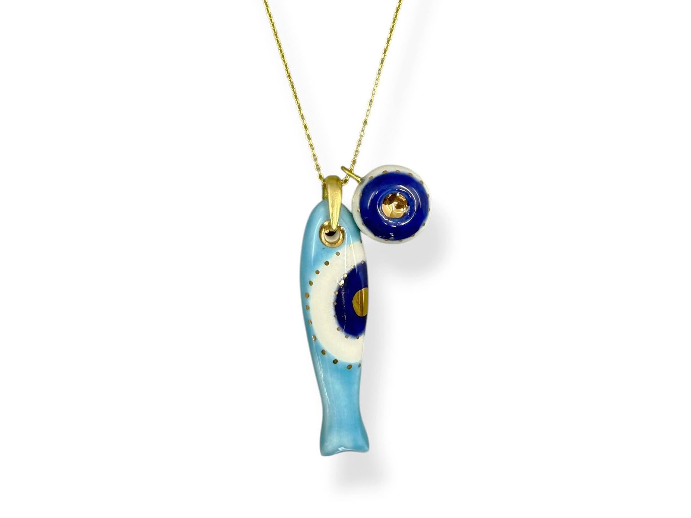 Large Porcelain White Evil Eye Sardine Charm with Evil Eye Charm