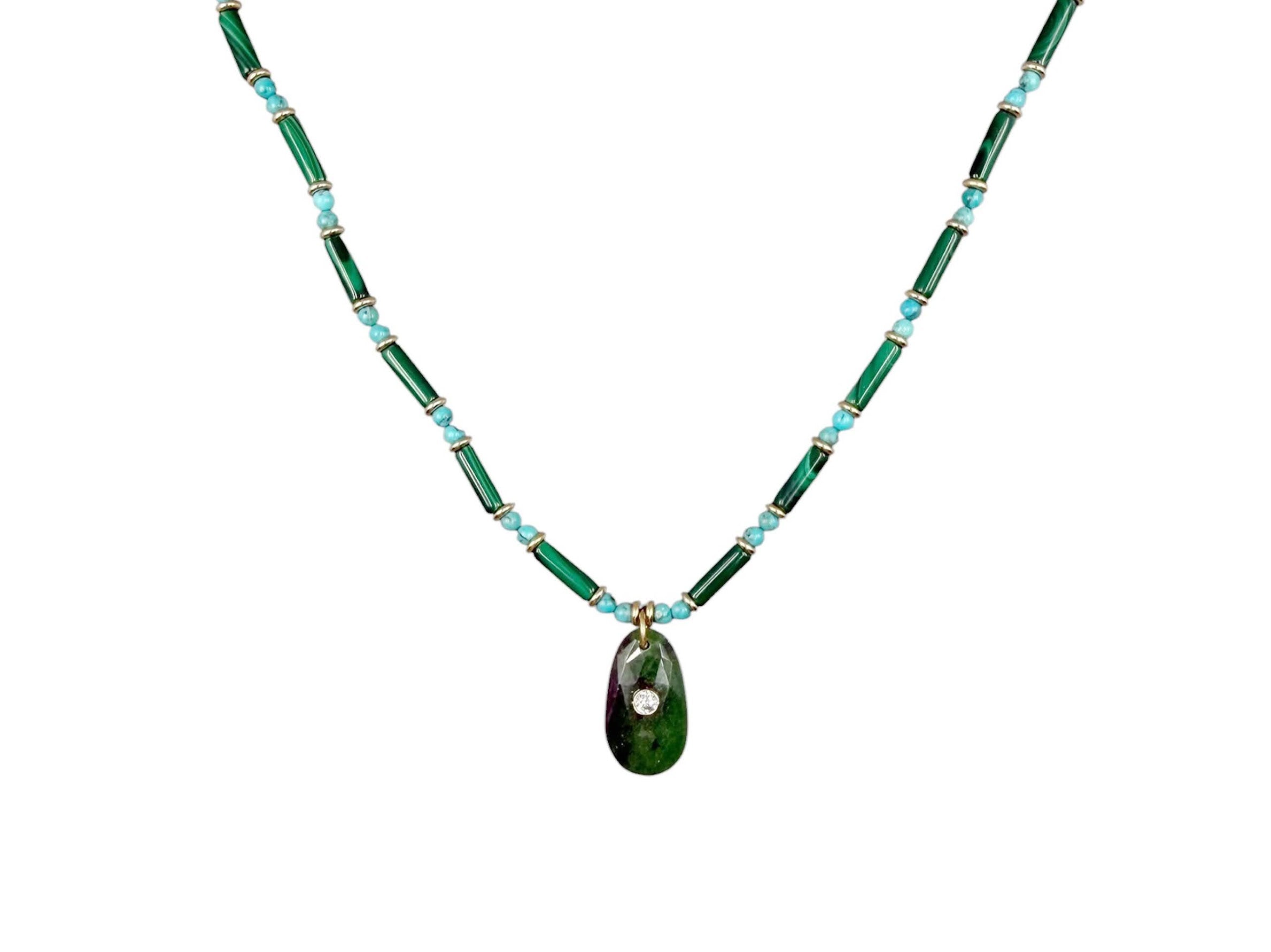 Hand-Beaded Necklace of Malachite and Turquoise with Zoisite Charm