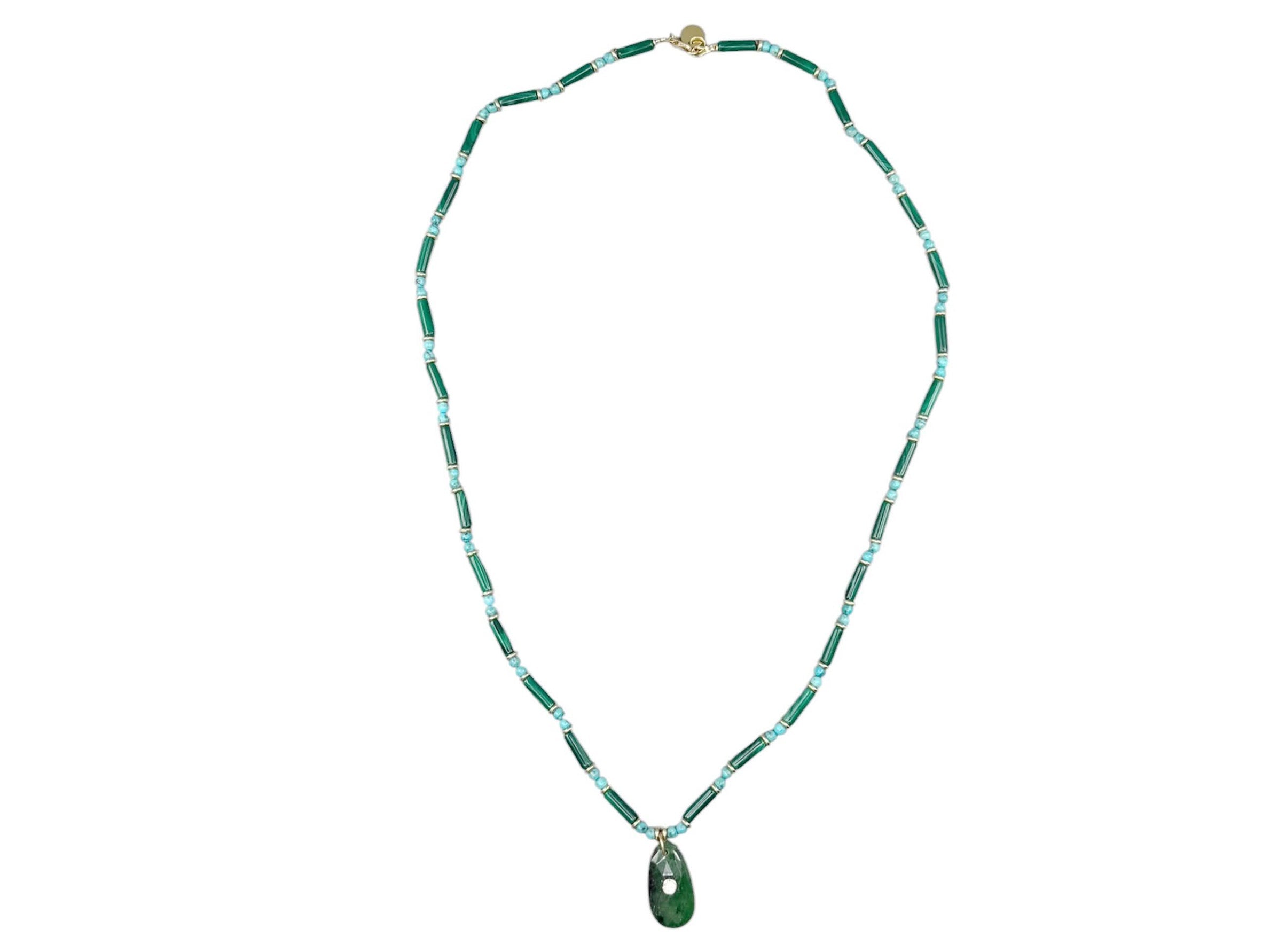 Hand-Beaded Necklace of Malachite and Turquoise with Zoisite Charm