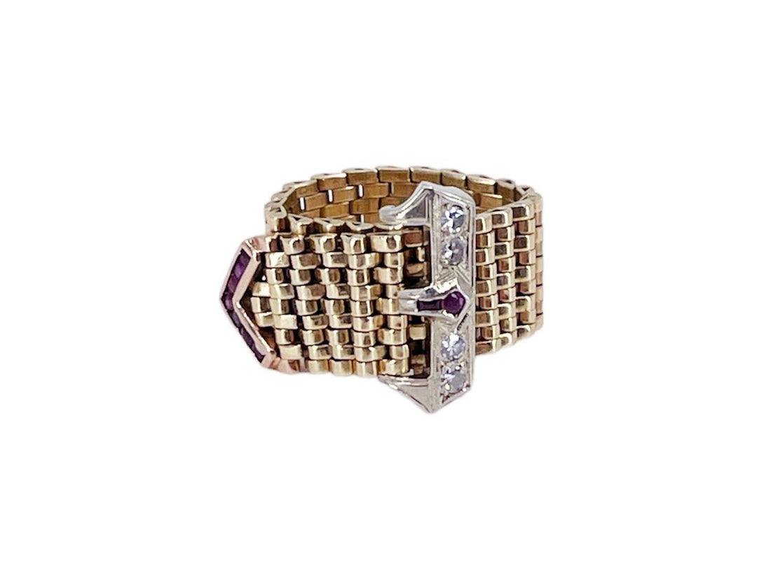 1940s 14k Mesh Diamond and Ruby Ring