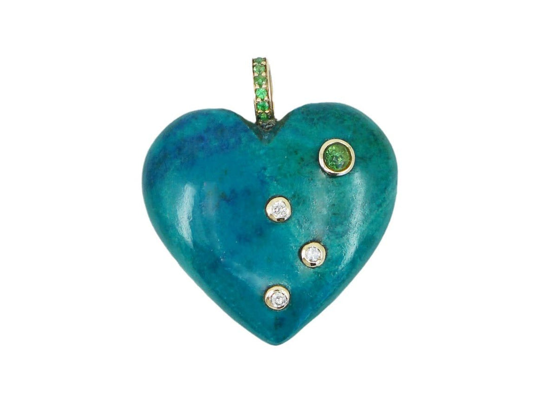 14k Azurite Chrysocolla and Tsavorite Heart Pendant