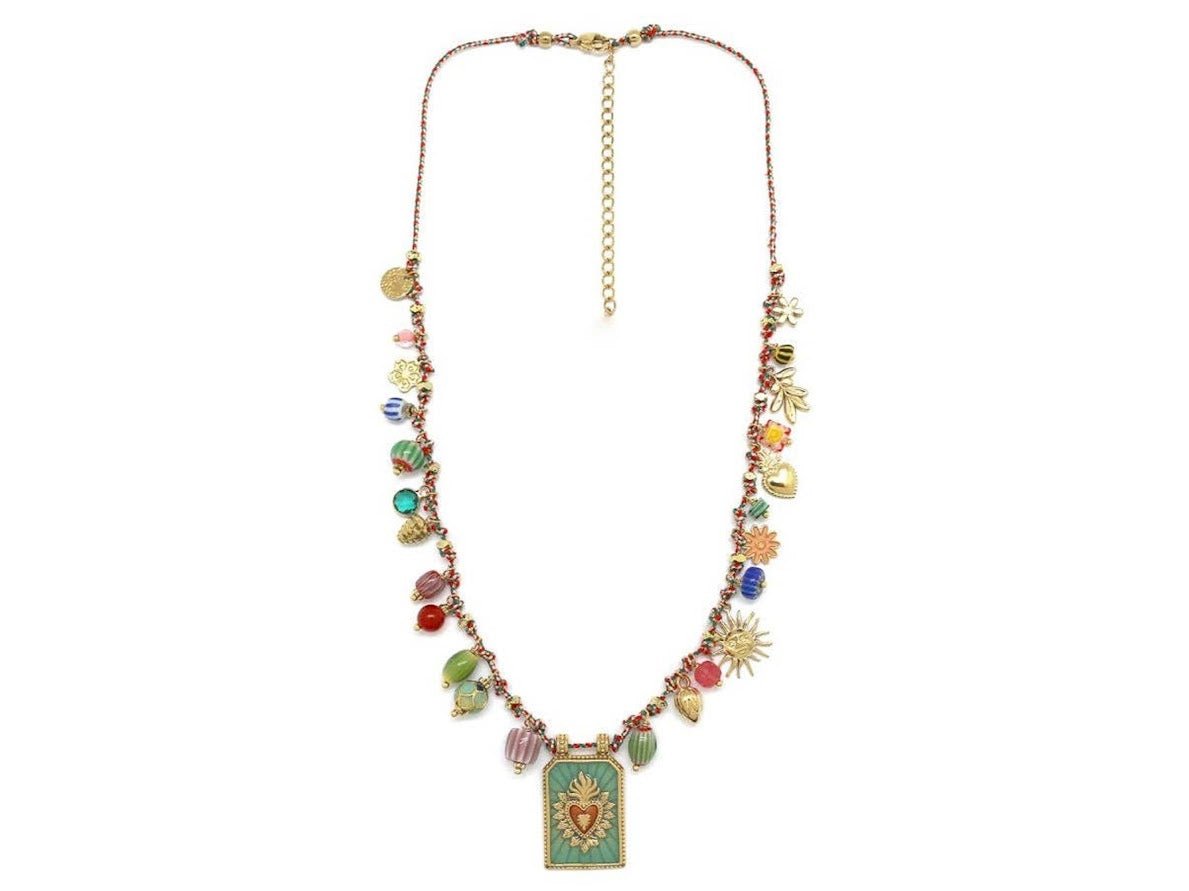 Colorful Multi Charm Necklace with Flaming Heart Charm