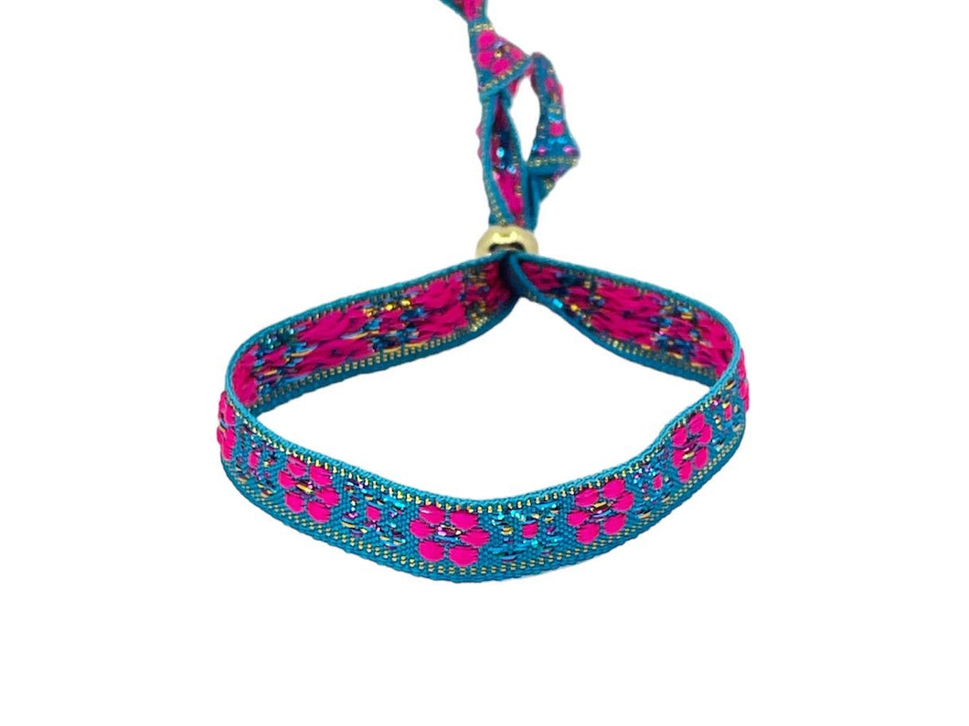 Blue and Pink Floral Woven Bracelet