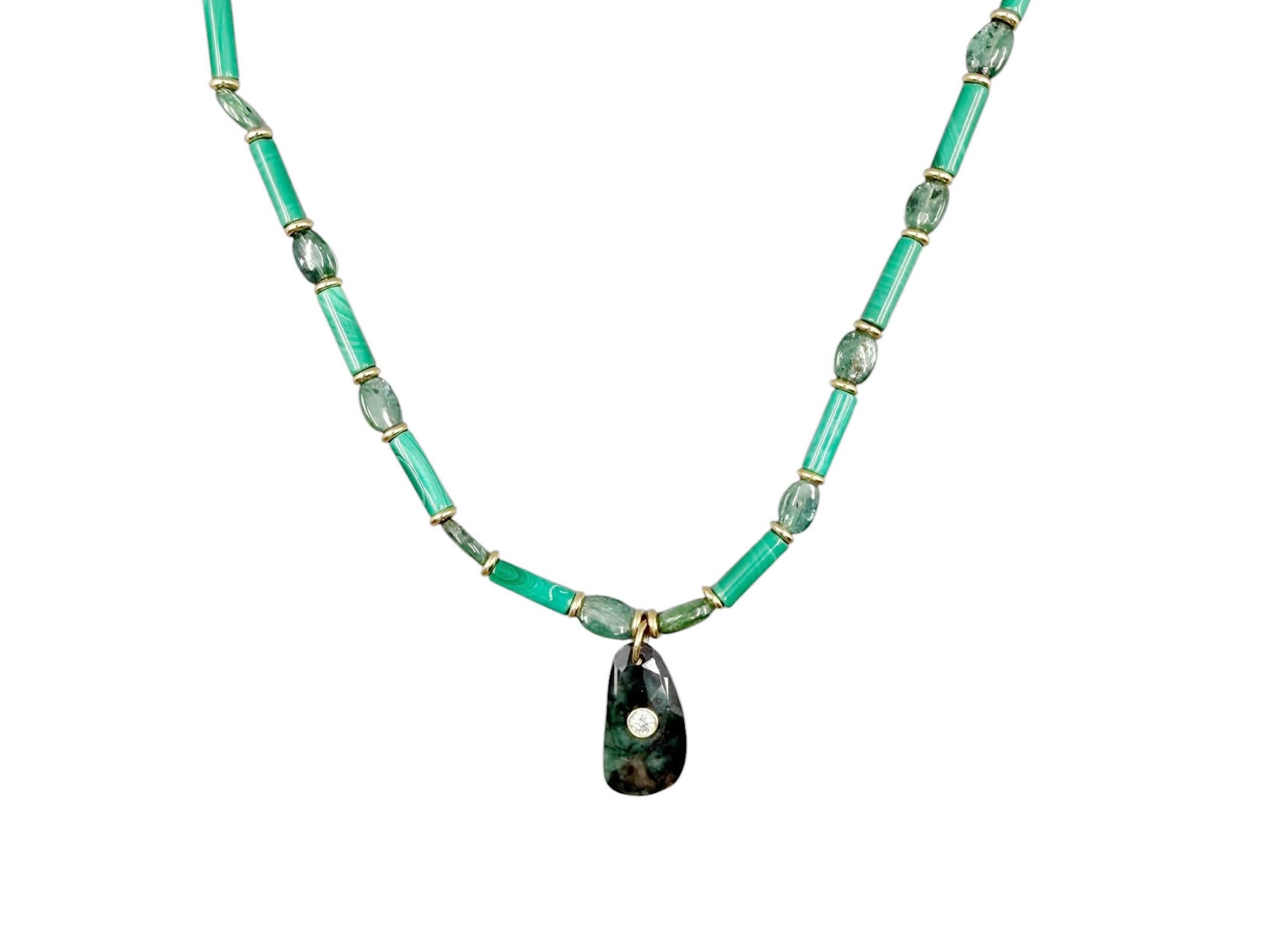 Hand-Beaded Necklace of Malachite and Green Kyanite with Zoisite Charm