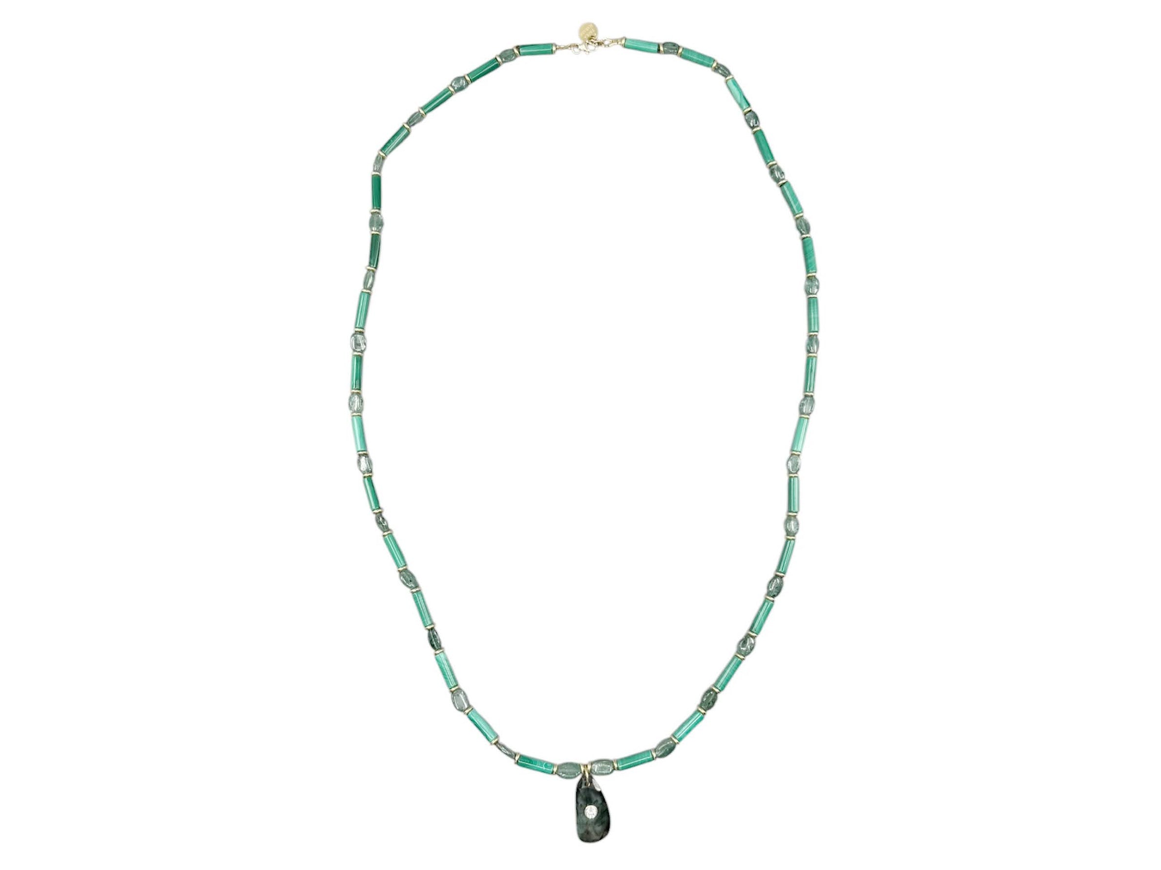Hand-Beaded Necklace of Malachite and Green Kyanite with Zoisite Charm