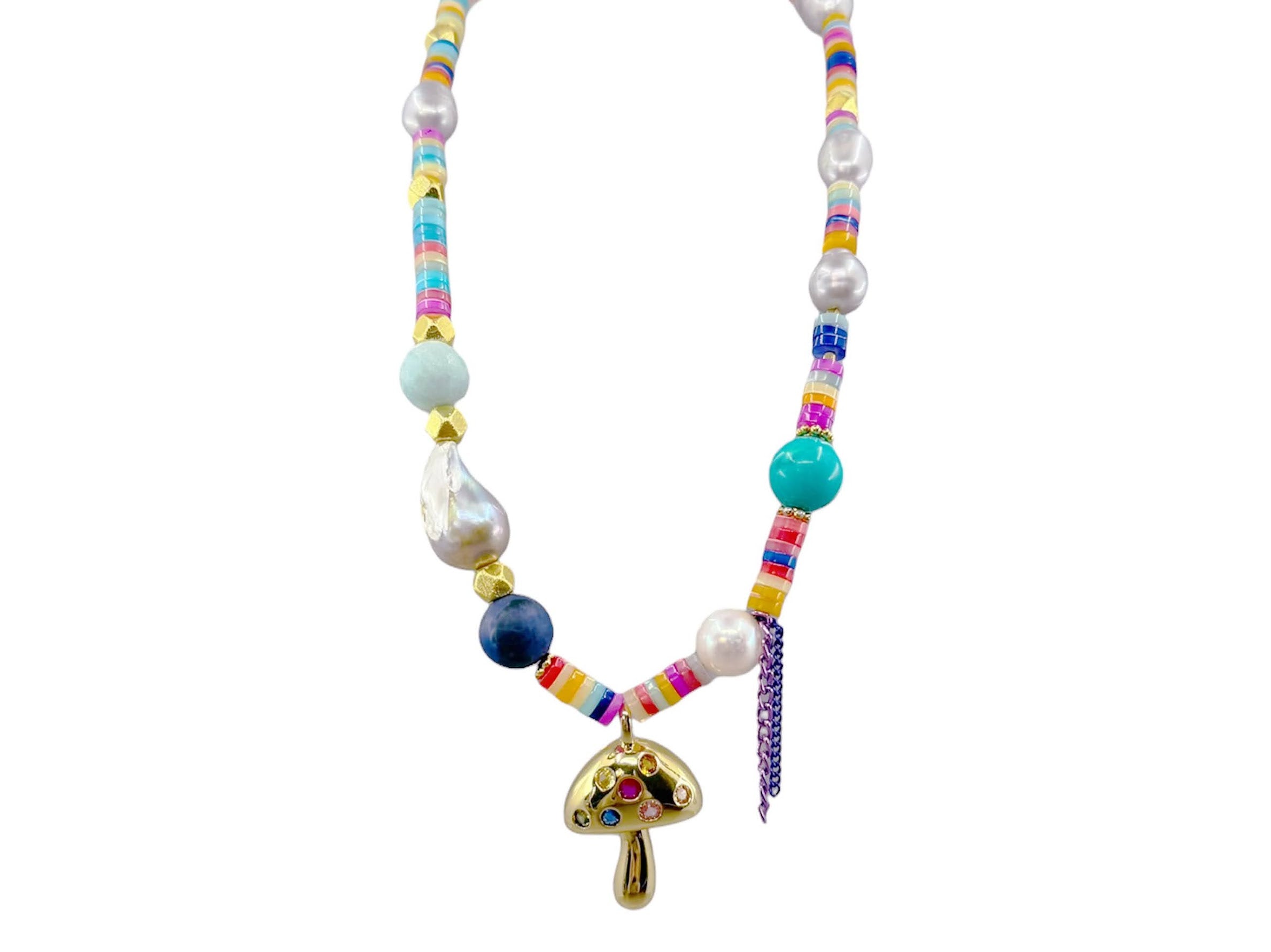 Multi Gemstone Choker Necklace with Mushroom Charm