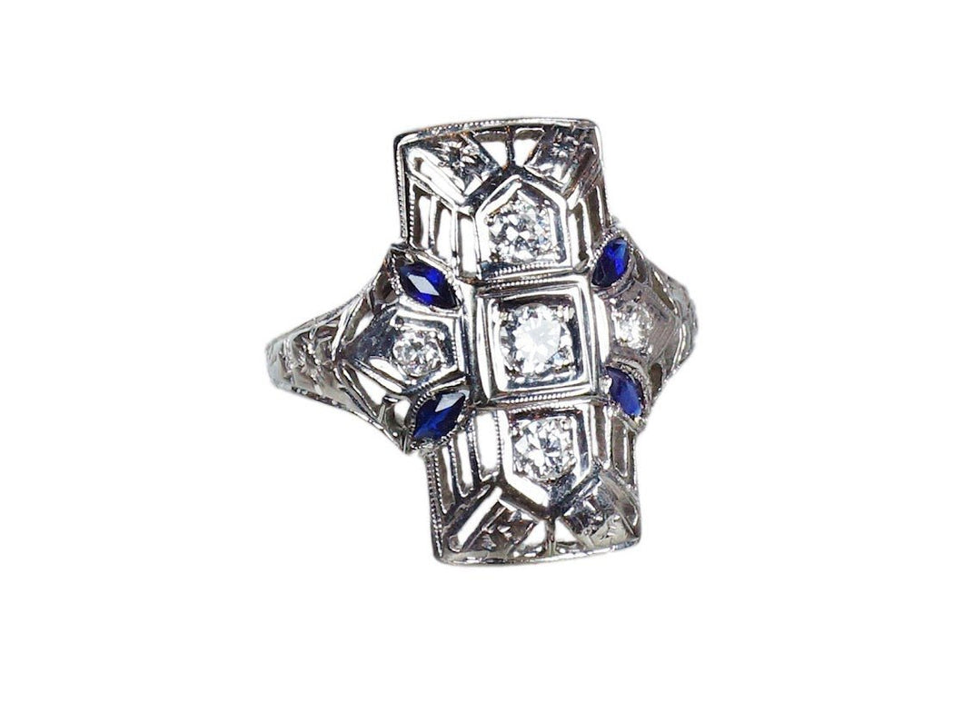 Art Deco 14k Diamond and Sapphire Ring