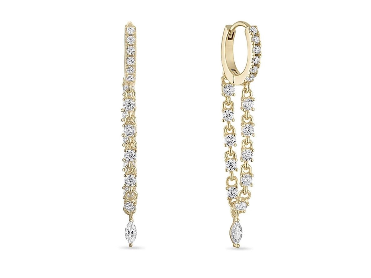 Gold and CZ Huggie Hoop Drop Chain Earrings