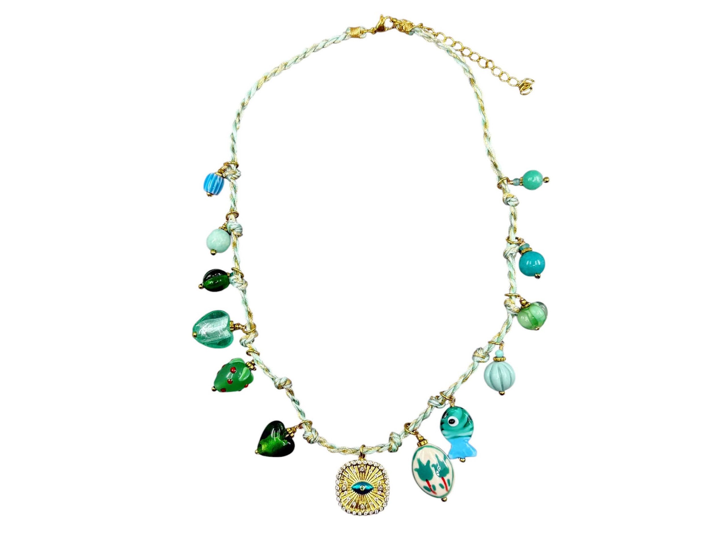 Green and Blue Charm Necklace with Evil Eye