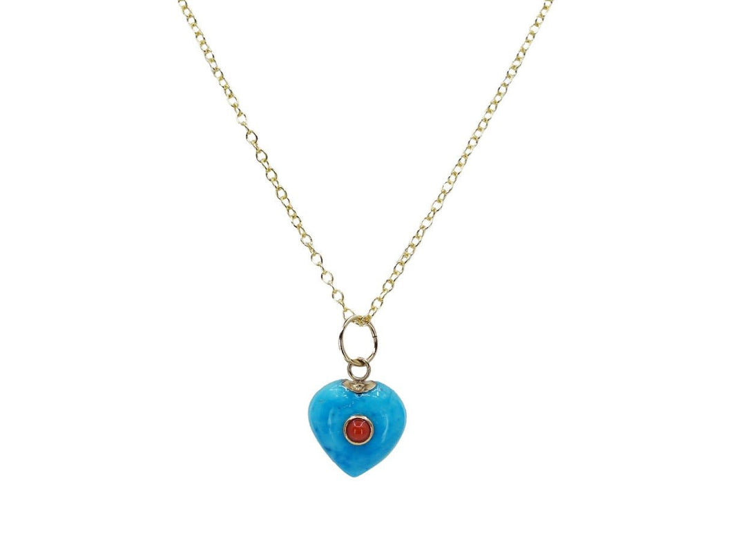 14k Turquoise Heart Charm Necklace with Bezel Set Coral